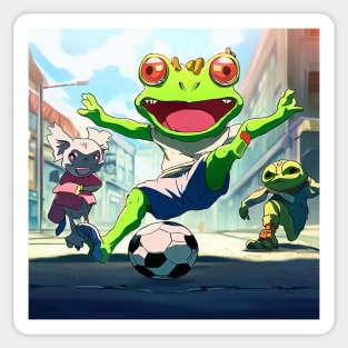 Cartoon anime Frog playing Football in Japan street Kawaii Sticker